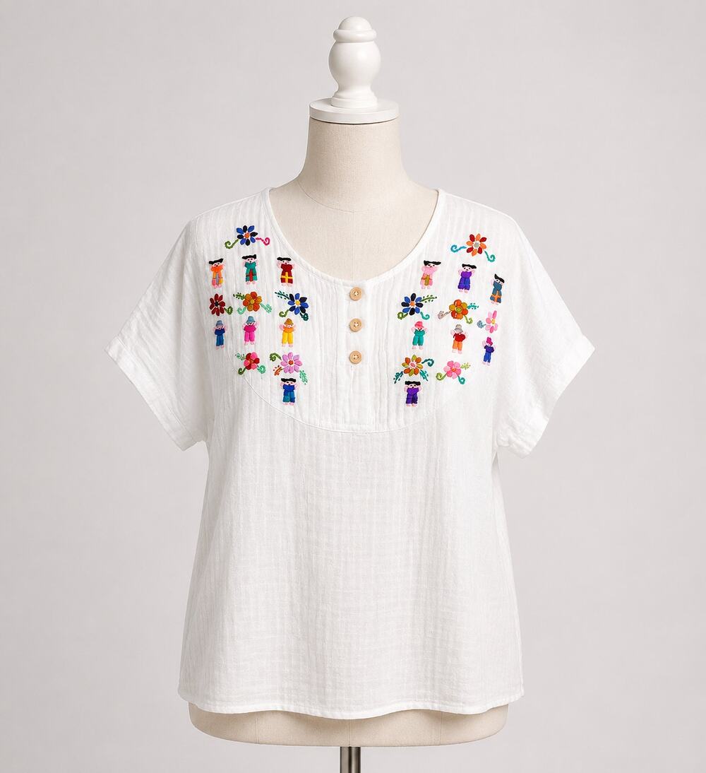 White Peasant Top Handmade Embroidered People XL
